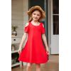Arshiner Girls Summer Dress Short Sleeve Cold Shoulder Solid Color Swing Casual Dresses with Pockets(Red)