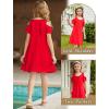 Arshiner Girls Summer Dress Short Sleeve Cold Shoulder Solid Color Swing Casual Dresses with Pockets(Red)