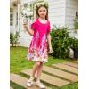 Arshiner Girls Summer Dress Short Sleeve Cold Shoulder Solid Color Swing Casual Dresses with Pockets(Rose Red Printed)