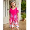 Arshiner Girls Summer Dress Short Sleeve Cold Shoulder Solid Color Swing Casual Dresses with Pockets(Rose Red Printed)