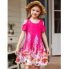 Arshiner Girls Summer Dress Short Sleeve Cold Shoulder Solid Color Swing Casual Dresses with Pockets(Rose Red Printed)