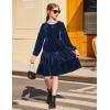 Arshiner Girls Velvet Tiered Dress Long Sleeve Crew Neck Elegant Tween Twirly Dresses for 6-13 Years(Navy Blue)