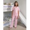 Arshiner Pajamas for Girls Short Sleeve Long Pants Outfit 2 Piece Sleepwear Button Pjs Sets(Pink Plaid)