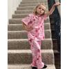 Arshiner Pajamas for Girls Short Sleeve Long Pants Outfit 2 Piece Sleepwear Button Pjs Sets(Smile Face Flower-pink Rose Red)