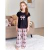 Arshiner Pajamas for Girls Short Sleeve Long Pants Pjs Cute Soft Sleepwear Lounge Sets(Bow Plaid)