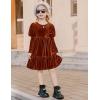 Arshiner Toddler Velvet Dress Girls Puff Long Sleeves Crew Neck Party Fall Winter Ruffle Dresses with Pockets 2-8Y(Caramel)