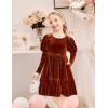 Arshiner Toddler Velvet Dress Girls Puff Long Sleeves Crew Neck Party Fall Winter Ruffle Dresses with Pockets 2-8Y(Caramel)