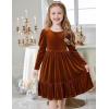 Arshiner Toddler Velvet Dress Girls Puff Long Sleeves Crew Neck Party Fall Winter Ruffle Dresses with Pockets 2-8Y(Caramel)