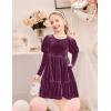 Arshiner Toddler Velvet Dress Girls Puff Long Sleeves Crew Neck Party Fall Winter Ruffle Dresses with Pockets 2-8Y(Fuchsia)