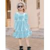 Arshiner Toddler Velvet Dress Girls Puff Long Sleeves Crew Neck Party Fall Winter Ruffle Dresses with Pockets 2-8Y(Light Blue)