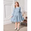 Arshiner Tween Girls Dresses Fall Long Sleeve V Neck Waist Tie Ruffle Tiered Swing Skater Dress(Blue)