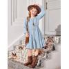 Arshiner Tween Girls Dresses Fall Long Sleeve V Neck Waist Tie Ruffle Tiered Swing Skater Dress(Blue)