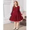 Arshiner Tween Girls Dresses Fall Long Sleeve V Neck Waist Tie Ruffle Tiered Swing Skater Dress(Burgundy)