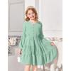 Arshiner Tween Girls Dresses Fall Long Sleeve V Neck Waist Tie Ruffle Tiered Swing Skater Dress(Light Green)