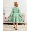 Arshiner Tween Girls Dresses Fall Long Sleeve V Neck Waist Tie Ruffle Tiered Swing Skater Dress(Light Green)