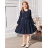 Arshiner Tween Girls Dresses Fall Long Sleeve V Neck Waist Tie Ruffle Tiered Swing Skater Dress(Navy Blue)