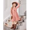 Arshiner Tween Girls Dresses Fall Long Sleeve V Neck Waist Tie Ruffle Tiered Swing Skater Dress(Pink)