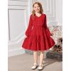 Arshiner Tween Girls Dresses Fall Long Sleeve V Neck Waist Tie Ruffle Tiered Swing Skater Dress(Red)