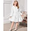 Arshiner Tween Girls Dresses Fall Long Sleeve V Neck Waist Tie Ruffle Tiered Swing Skater Dress(White)