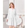 Arshiner Tween Girls Dresses Fall Long Sleeve V Neck Waist Tie Ruffle Tiered Swing Skater Dress(White)