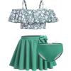 Arshiner 3 Piece Tween Girls Swimsuit Ruffle Sleeve Athletic Tankini Sport Swimwear with Swimming Skirt(Green Floral)