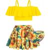 Arshiner 3 Piece Tween Girls Swimsuit Ruffle Sleeve Athletic Tankini Sport Swimwear with Swimming Skirt(Sunflower)