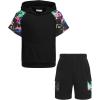 Arshiner Boys 2 Piece Summer Outfits Letter Graphic Colorblock Short Sleeve Hoodie and Short Sets whith Pockets 5-12 Years(Black Graphic Print)