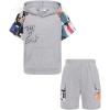 Arshiner Boys 2 Piece Summer Outfits Letter Graphic Colorblock Short Sleeve Hoodie and Short Sets whith Pockets 5-12 Years(Grey Graphic Print)