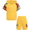 Arshiner Boys 2 Piece Summer Outfits Letter Graphic Colorblock Short Sleeve Hoodie and Short Sets whith Pockets 5-12 Years(Yellow Graphic Print)
