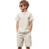 Arshiner Boy’s 2 Pieces Cotton Linen Set Casual Henley Shirts Short Sleeve Beach Shorts Summer Outfits for 5-12 Years(Beige)
