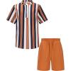Arshiner Boy’s 2 Pieces Cotton Linen Set Casual Henley Shirts Short Sleeve Beach Shorts Summer Outfits for 5-12 Years(Brown Striped)