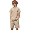 Arshiner Boy’s 2 Pieces Cotton Linen Set Casual Henley Shirts Short Sleeve Beach Shorts Summer Outfits for 5-12 Years(Deep Khaki)