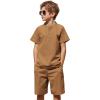 Arshiner Boy’s 2 Pieces Cotton Linen Set Casual Henley Shirts Short Sleeve Beach Shorts Summer Outfits for 5-12 Years(Light Brown)