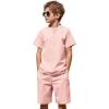 Arshiner Boy’s 2 Pieces Cotton Linen Set Casual Henley Shirts Short Sleeve Beach Shorts Summer Outfits for 5-12 Years(Light Pink)