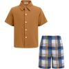 Arshiner Boys Cotton Linen Shorts Sets Button Down Short Sleeve Shirt and Shorts with Bucket Hat Summer Beach Outfits(Browm – Plaid)