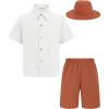 Arshiner Boys Cotton Linen Shorts Sets Button Down Short Sleeve Shirt and Shorts with Bucket Hat Summer Beach Outfits(White – Brown)