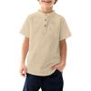 Arshiner Boys Linen Shirt Button Down Henley Short Sleeve Casual Dress Summer Beach T Shirts Top with One Pocket(Khaki)