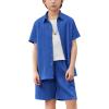 Arshiner Boy’s Textured Button Up Shirt and Shorts Set 2 Piece Summer Beach Outfit for 5~12 Years Kids(Royal Blue)