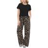 Arshiner Girls 2 Piece Outfits Short Sleeve Ruched Drawstring Crewneck Tops and Wide Leg Pants with Pockets Clothing Sets(Black&leopard)