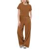 Arshiner Girls 2 Piece Outfits Short Sleeve Ruched Drawstring Crewneck Tops and Wide Leg Pants with Pockets Clothing Sets(Brown)