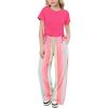 Arshiner Girls 2 Piece Outfits Short Sleeve Ruched Drawstring Crewneck Tops and Wide Leg Pants with Pockets Clothing Sets(Pink&stripe)