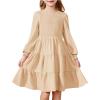 Arshiner Girls Dress Fall Boho Long Sleeve Shirred Smocked Tiered Party Dresses with Pockets(Apricot)