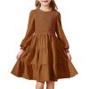 Arshiner Girls Dress Fall Boho Long Sleeve Shirred Smocked Tiered Party Dresses with Pockets(Brown)