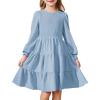 Arshiner Girls Dress Fall Boho Long Sleeve Shirred Smocked Tiered Party Dresses with Pockets(Light Blue)