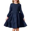 Arshiner Girls Dress Fall Boho Long Sleeve Shirred Smocked Tiered Party Dresses with Pockets(Navy Blue)