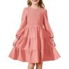 Arshiner Girls Dress Fall Boho Long Sleeve Shirred Smocked Tiered Party Dresses with Pockets(Pink)