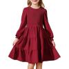 Arshiner Girls Dress Fall Boho Long Sleeve Shirred Smocked Tiered Party Dresses with Pockets(Wine Red)