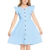 Arshiner Girls Dress Flutter Sleeve A-Line Button Down Sundress Casual Midi Dresses for 4-12 Years Kids(Light Blue)