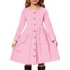Arshiner Girl’s Dresses Button Down Midi Long Sleeve Casual Sundress A-line Dress with Pockets(Pink)