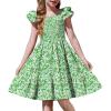 Arshiner Girls Dresses Double Pleated Sleeve Square Neck Off Shoulder with Pockets Tween Sundress Size 5-16(Green Floral)
